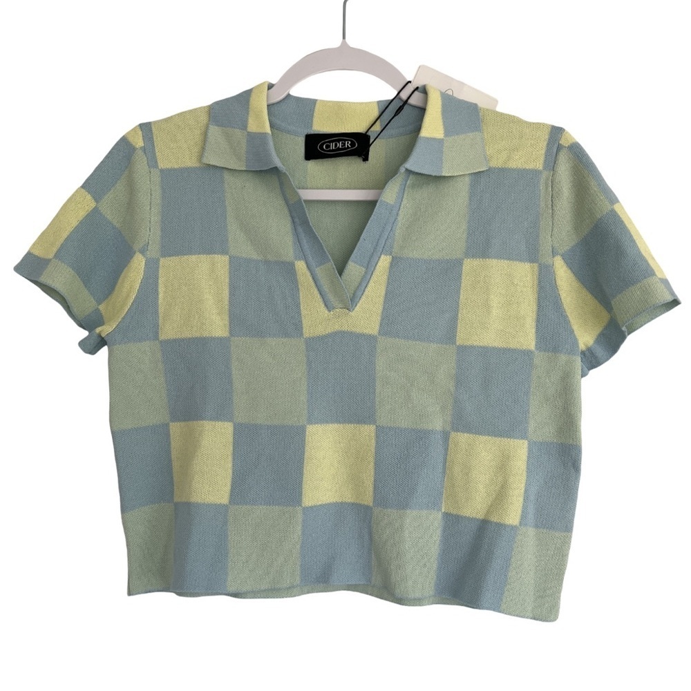 NWT Cider Blue & Yellow Collared Knit Crop Top, Short Sleeves, Large​​​